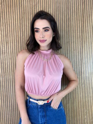 Cropped Feminino sem Bojo com Gola Rosa - Fernanda Ramos Store