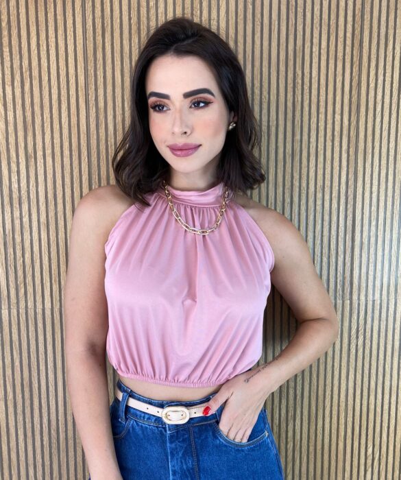 Cropped Feminino sem Bojo com Gola Rosa - Fernanda Ramos Store