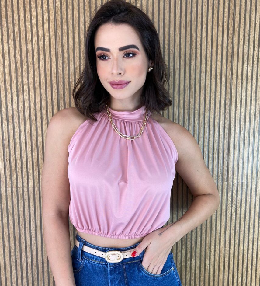 Cropped Feminino sem Bojo com Gola Rosa - Fernanda Ramos Store