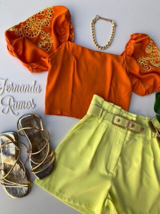 Cropped Feminino sem Bojo Laranja Detalhe em Amarelo - Fernanda Ramos Store