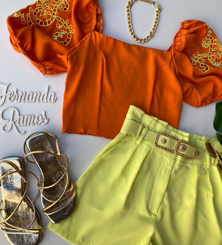 Cropped Feminino sem Bojo Laranja Detalhe em Amarelo - Fernanda Ramos Store