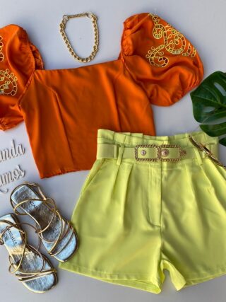 Cropped Feminino sem Bojo Laranja Detalhe em Amarelo Fernanda Ramos Store