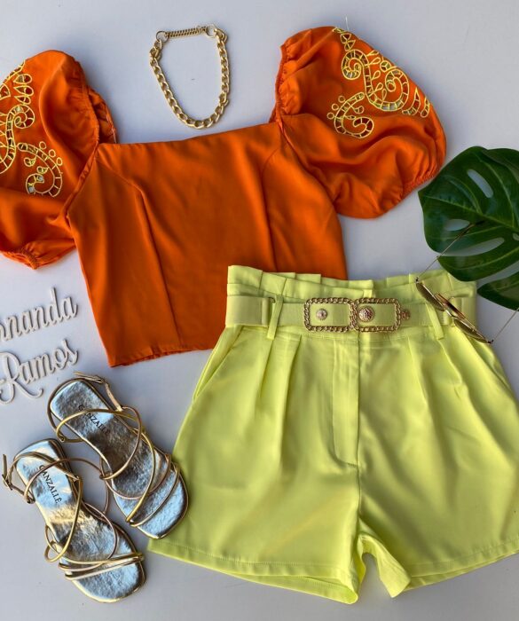 Cropped Feminino sem Bojo Laranja Detalhe em Amarelo - Fernanda Ramos Store