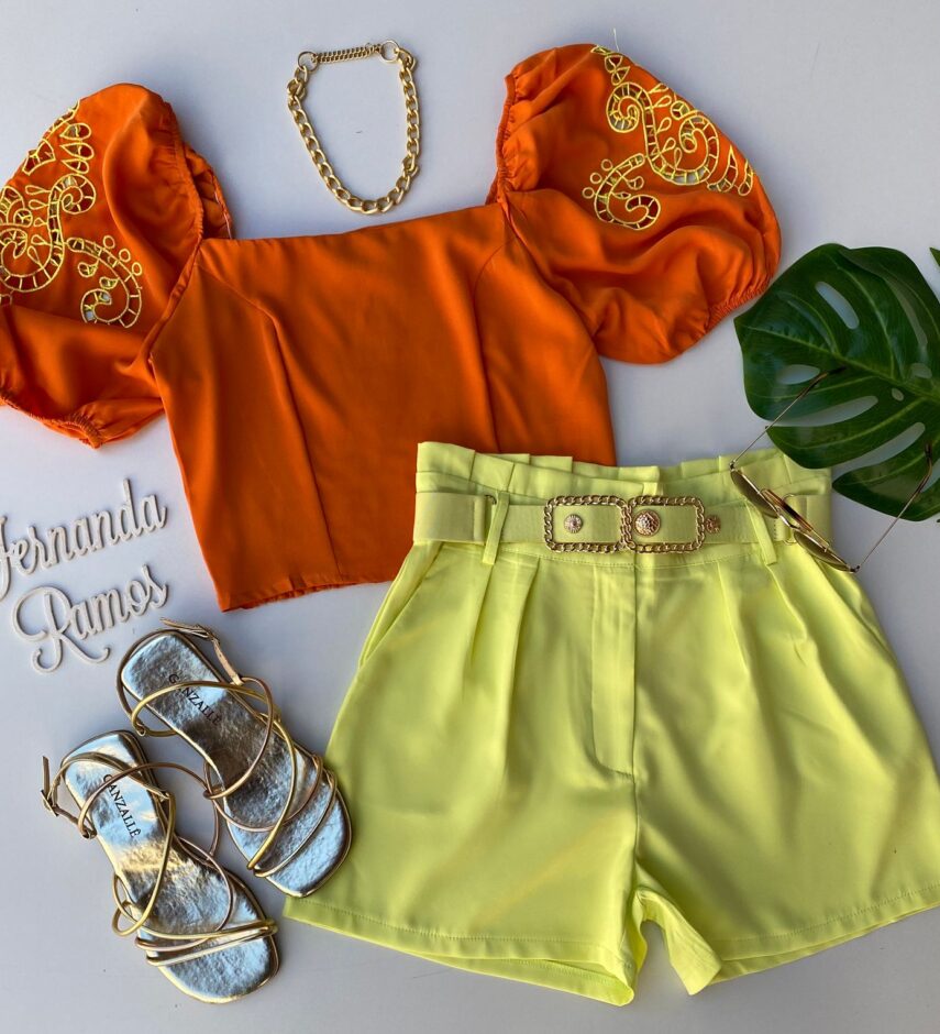 Cropped Feminino sem Bojo Laranja Detalhe em Amarelo - Fernanda Ramos Store
