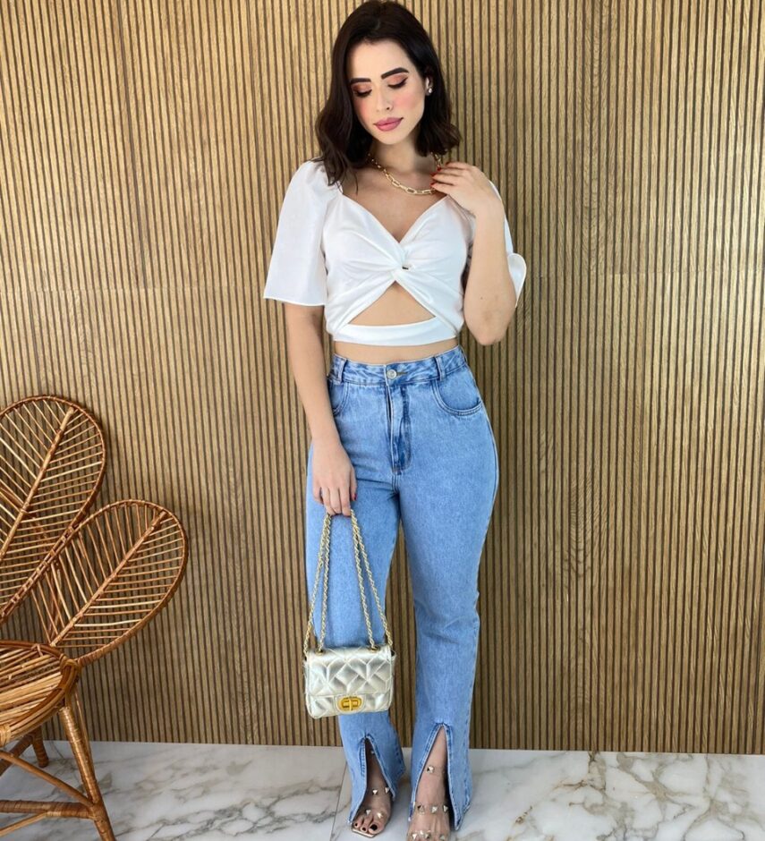 Cropped Feminino sem Bojo Manga Curta Branco - Fernanda Ramos Store