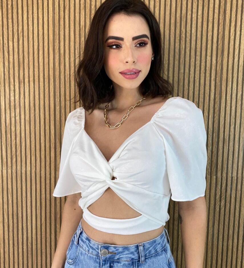 Cropped Feminino sem Bojo Manga Curta Branco - Fernanda Ramos Store