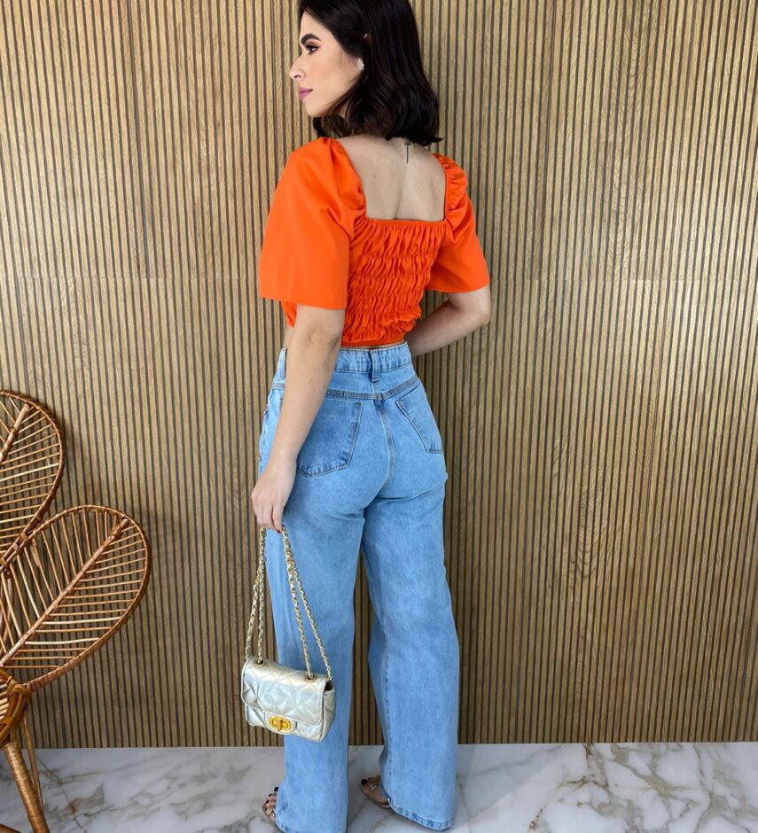 Cropped Feminino sem Bojo Manga Curta Lastex Atrás Laranja - Fernanda Ramos Store