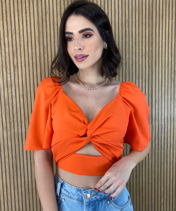 Cropped Feminino sem Bojo Manga Curta Lastex Atrás Laranja - Fernanda Ramos Store