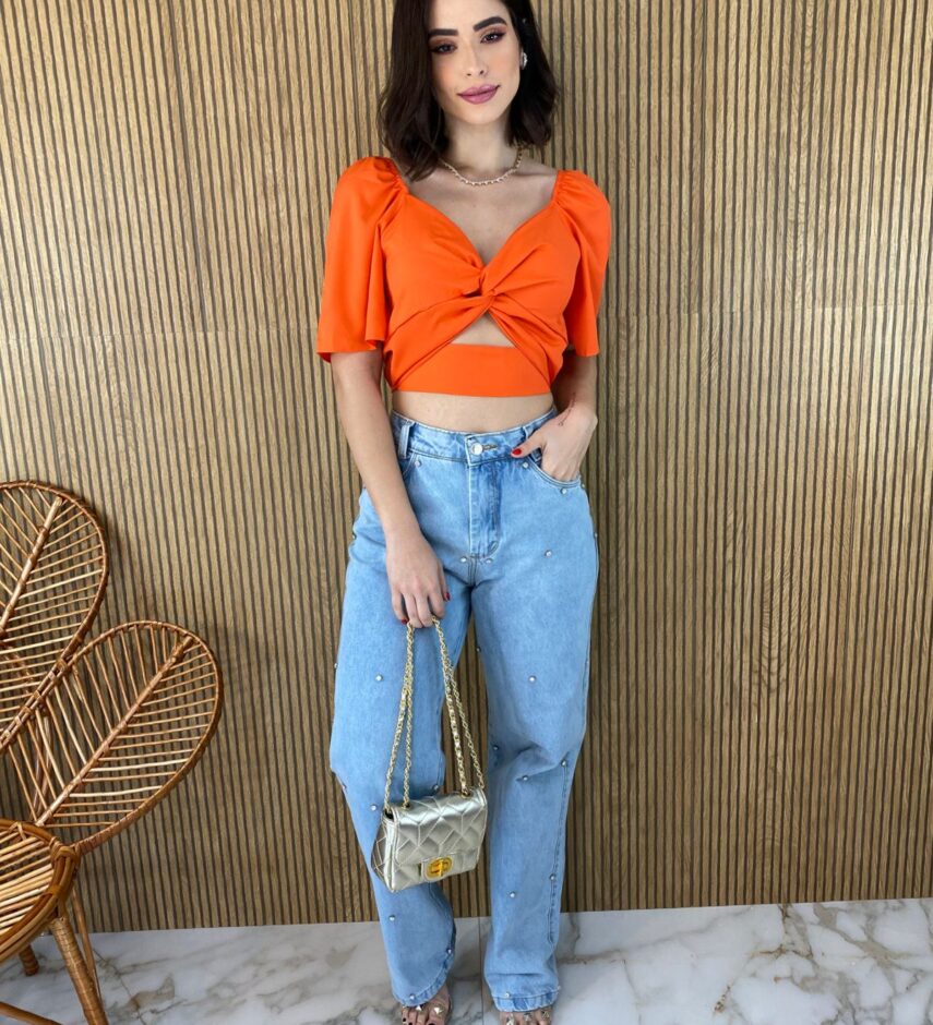 Cropped Feminino sem Bojo Manga Curta Lastex Atrás Laranja - Fernanda Ramos Store