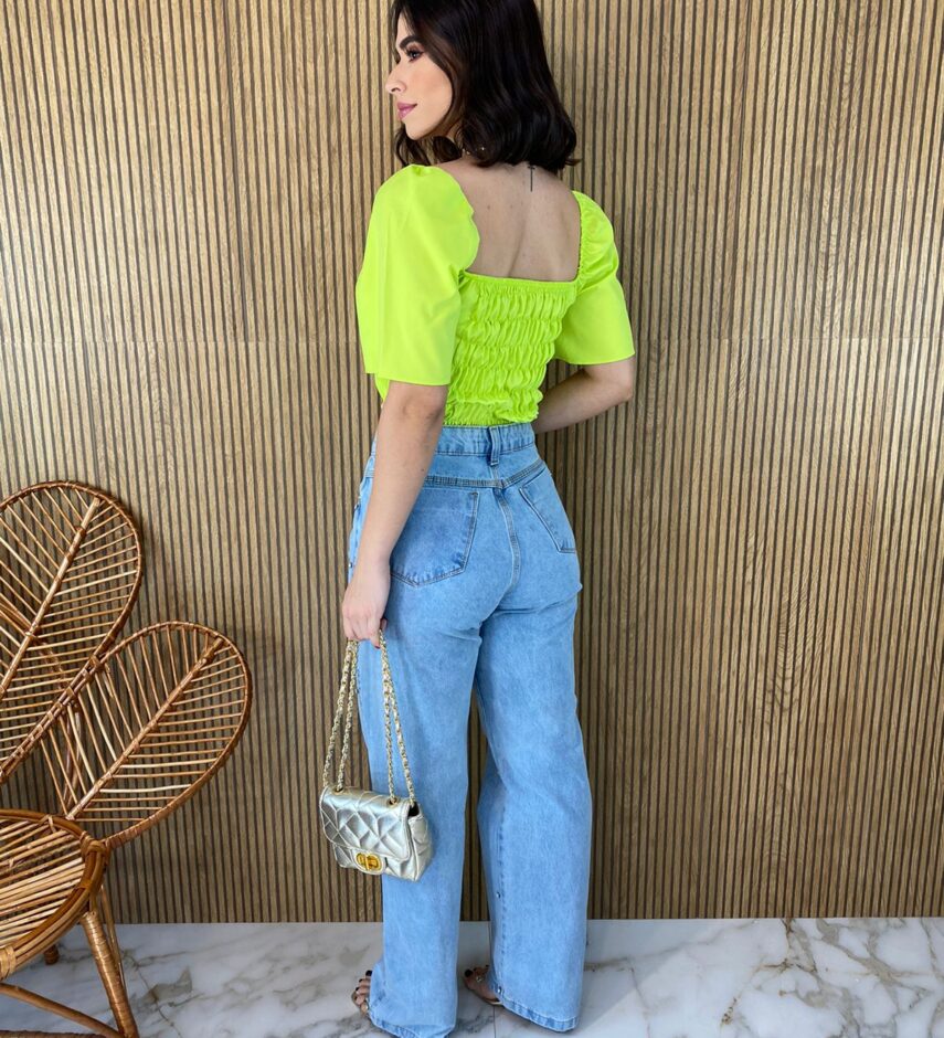 Cropped Feminino sem Bojo Manga Curta Lastex Atrás Verde - Fernanda Ramos Store