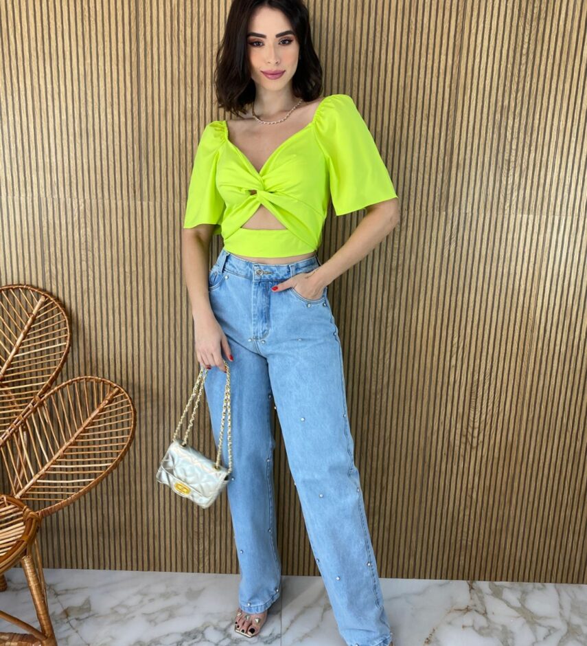 Cropped Feminino sem Bojo Manga Curta Lastex Atrás Verde - Fernanda Ramos Store