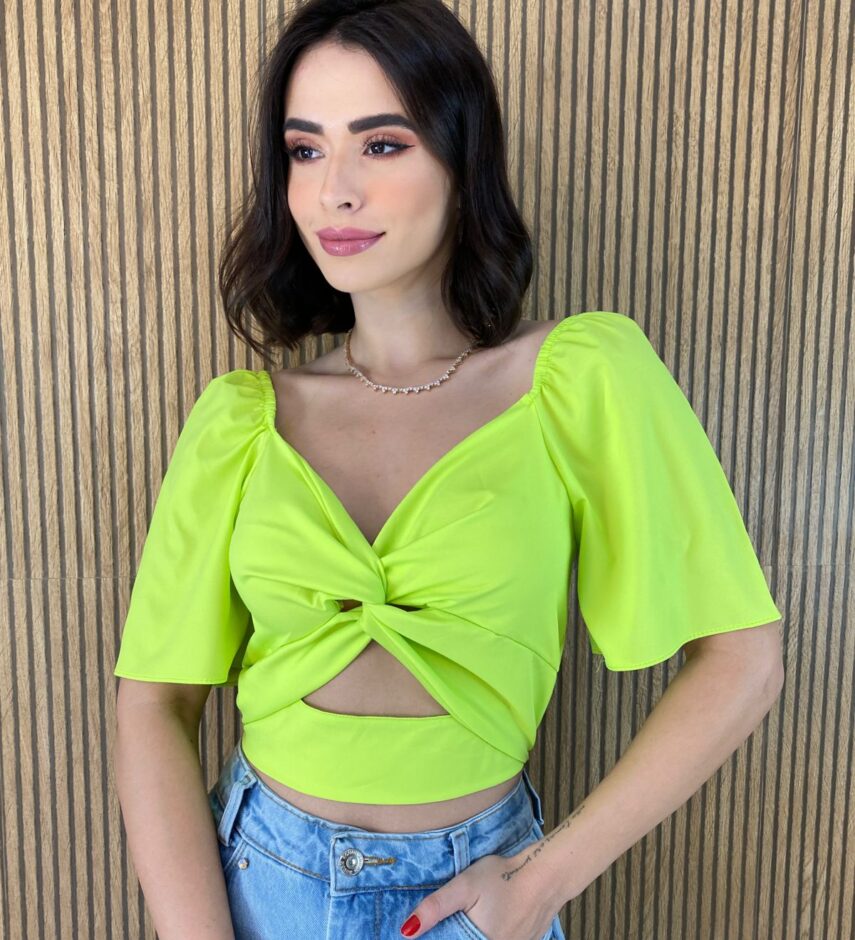 Cropped Feminino sem Bojo Manga Curta Lastex Atrás Verde - Fernanda Ramos Store