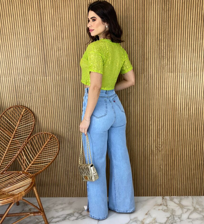 Cropped Feminino sem Bojo Manga Curta Paetê Verde Lima - Fernanda Ramos Store