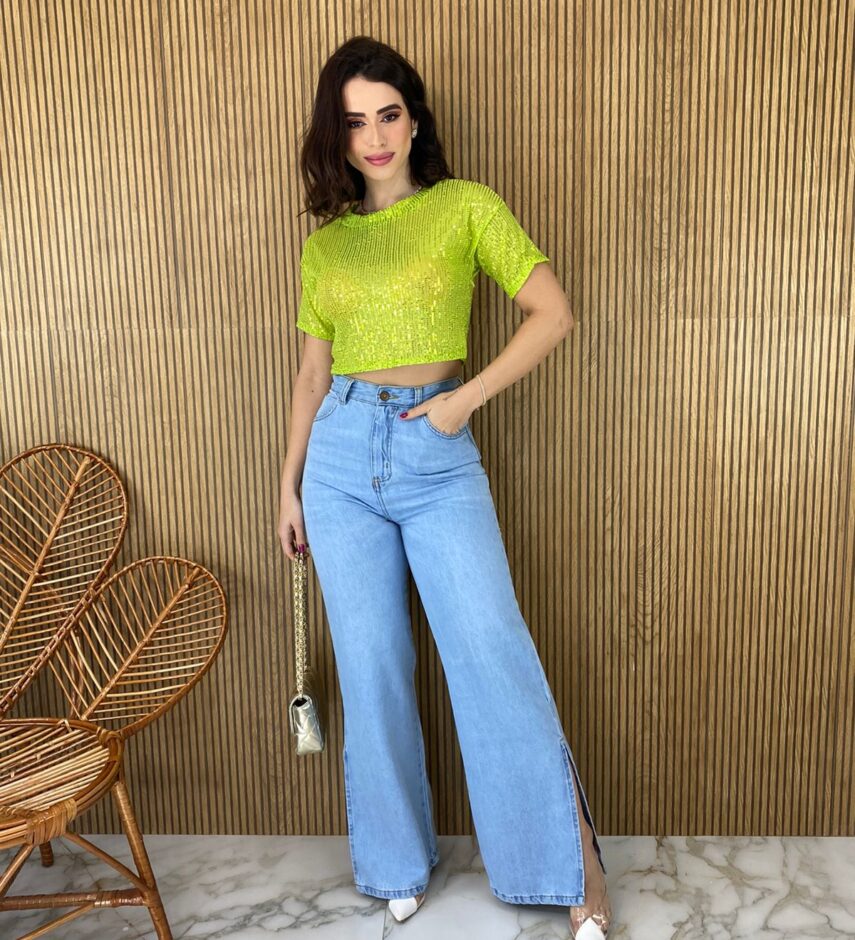 Cropped Feminino sem Bojo Manga Curta Paetê Verde Lima - Fernanda Ramos Store