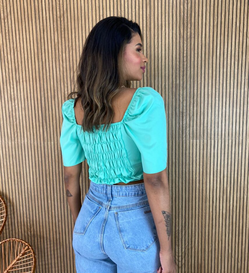 Cropped Feminino sem Bojo Manga Curta Verde Agua - Fernanda Ramos Store