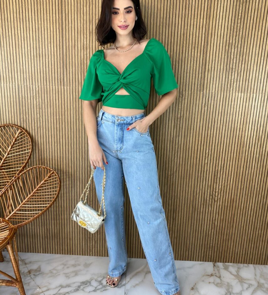 Cropped Feminino sem Bojo Manga Curta Verde Bandeira - Fernanda Ramos Store