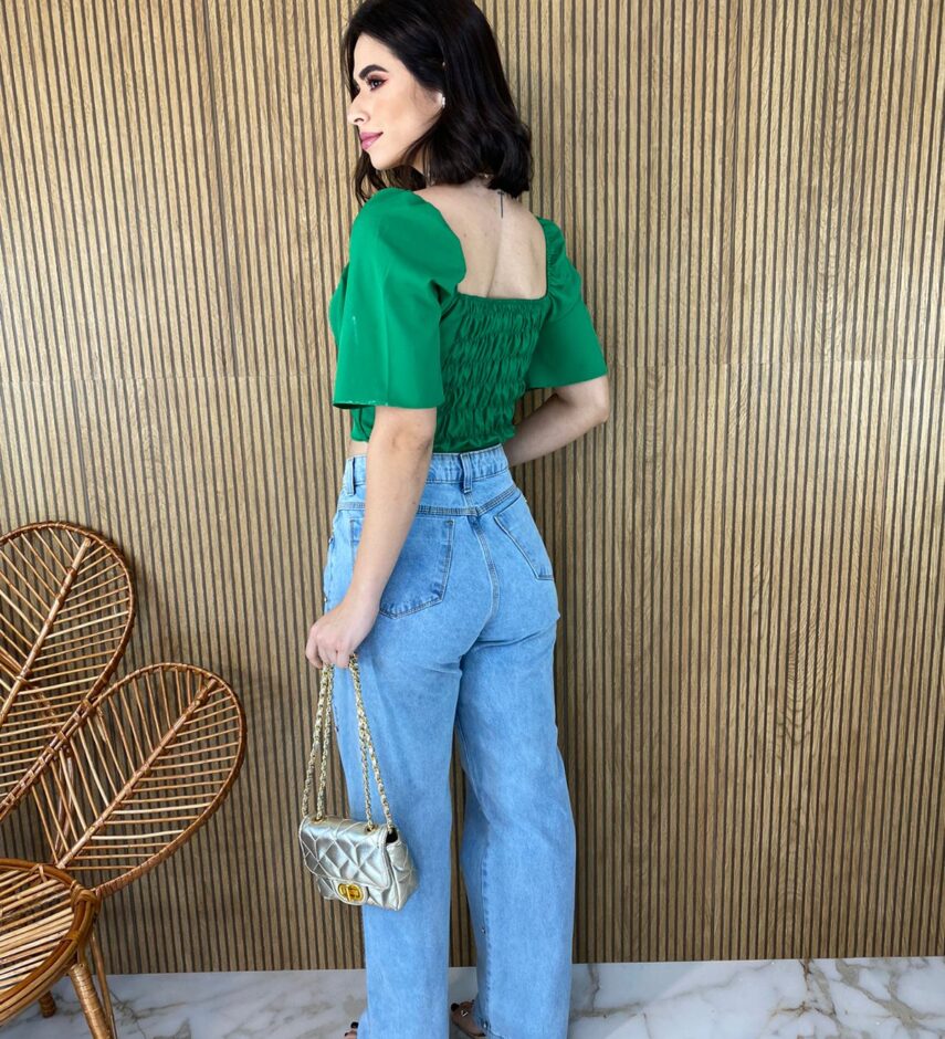 Cropped Feminino sem Bojo Manga Curta Verde Bandeira - Fernanda Ramos Store
