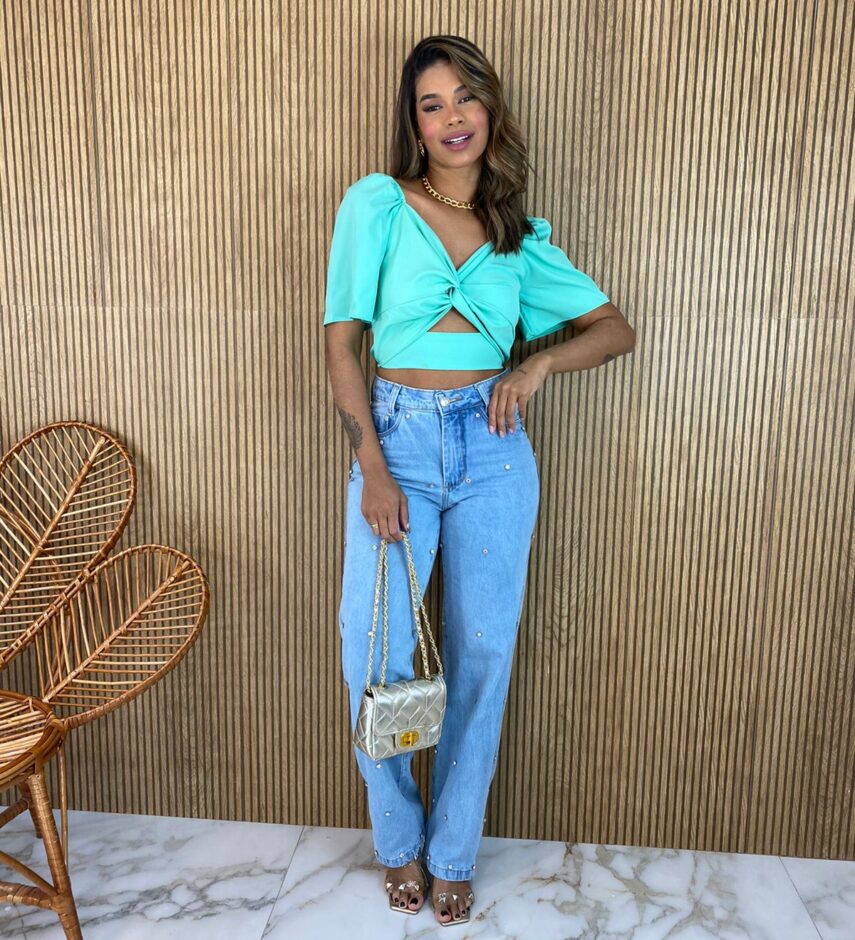 Cropped Feminino sem Bojo Manga Curta Verde Agua - Fernanda Ramos Store