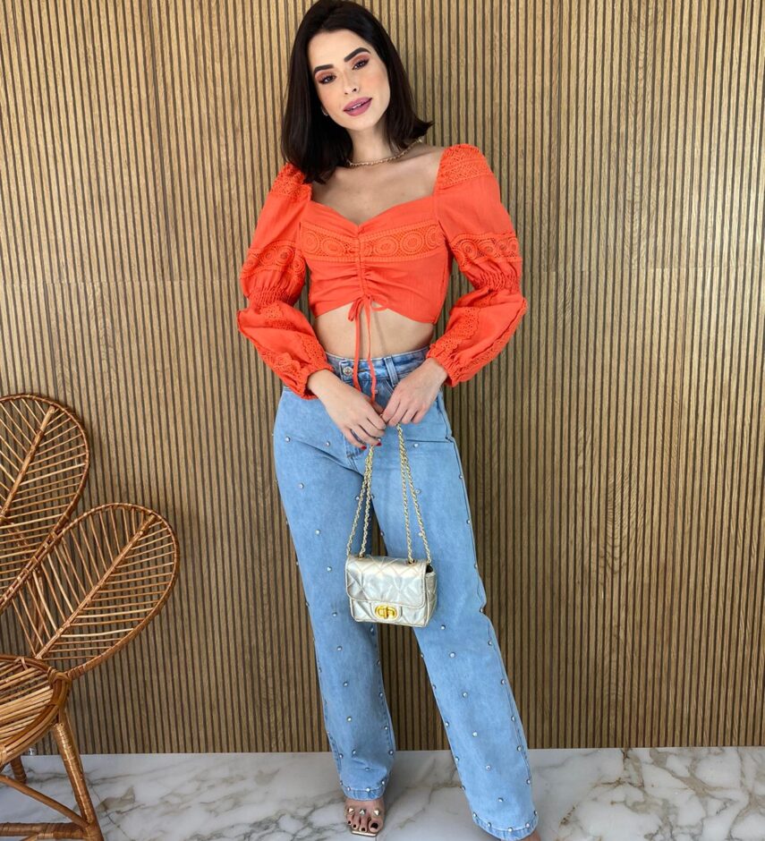 Cropped Feminino sem Bojo Manga Longa com Detalhe Guipir Laranja - Fernanda Ramos Store