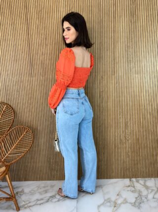 Cropped Feminino sem Bojo Manga Longa com Detalhe Guipir Laranja - Fernanda Ramos Store