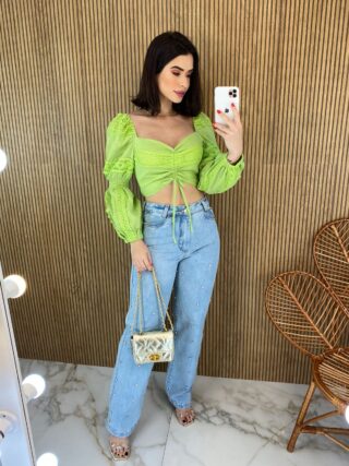 Cropped Feminino sem Bojo Manga Longa com Detalhe Guipir Verde - Fernanda Ramos Store