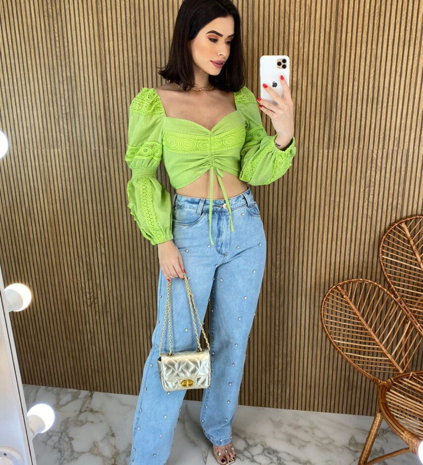 Cropped Feminino sem Bojo Manga Longa com Detalhe Guipir Verde - Fernanda Ramos Store
