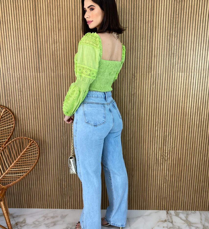 Cropped Feminino sem Bojo Manga Longa com Detalhe Guipir Verde - Fernanda Ramos Store