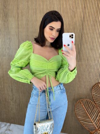 Cropped Feminino sem Bojo Manga Longa com Detalhe Guipir Verde - Fernanda Ramos Store