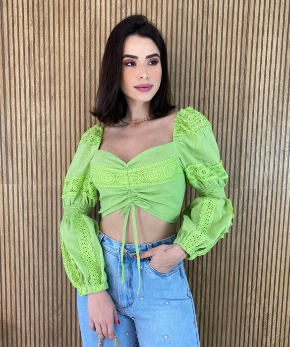 Cropped Feminino sem Bojo Manga Longa com Detalhe Guipir Verde - Fernanda Ramos Store