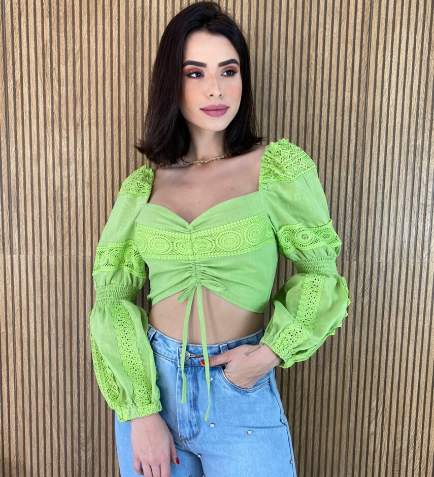 Cropped Feminino sem Bojo Manga Longa com Detalhe Guipir Verde - Fernanda Ramos Store