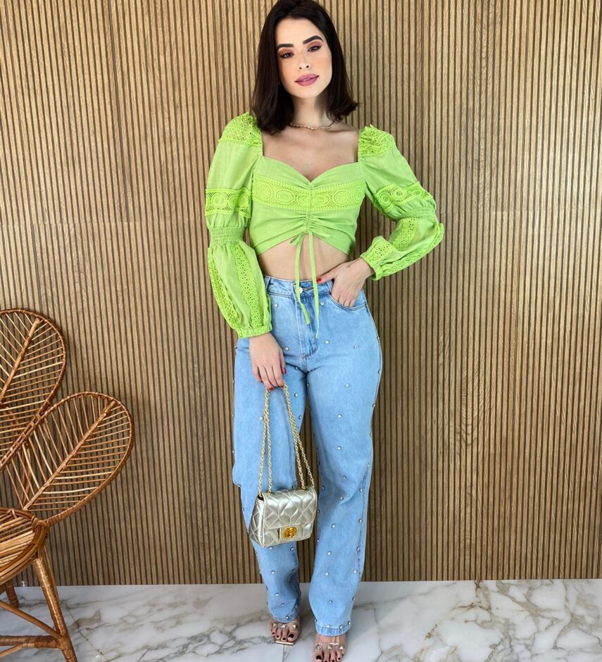 Cropped Feminino sem Bojo Manga Longa com Detalhe Guipir Verde - Fernanda Ramos Store