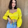 Cropped Feminino sem Bojo Manga Longa com Detalhe Guipir Amarelo - Fernanda Ramos Store