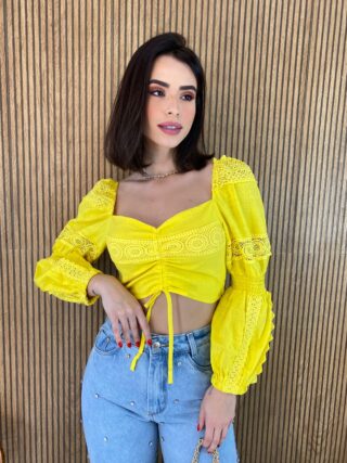 Cropped Feminino sem Bojo Manga Longa com Detalhe Guipir Amarelo - Fernanda Ramos Store