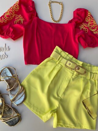 Cropped Feminino sem Bojo Pink Detalhe em Verde Lima - Fernanda Ramos Store