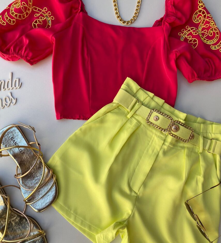 Cropped Feminino sem Bojo Pink Detalhe em Verde Lima - Fernanda Ramos Store