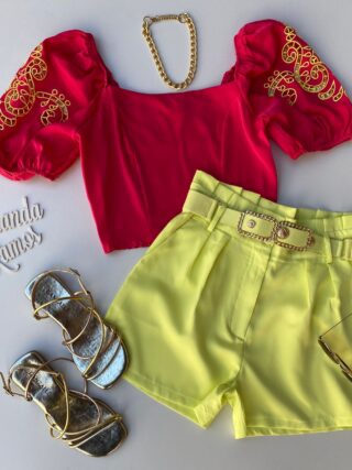 Cropped Feminino sem Bojo Pink Detalhe em Verde Lima - Fernanda Ramos Store