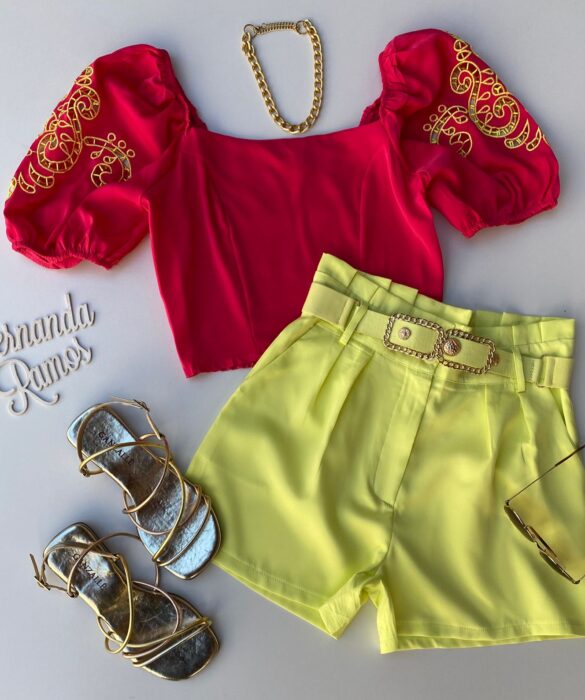 Cropped Feminino sem Bojo Pink Detalhe em Verde Lima - Fernanda Ramos Store