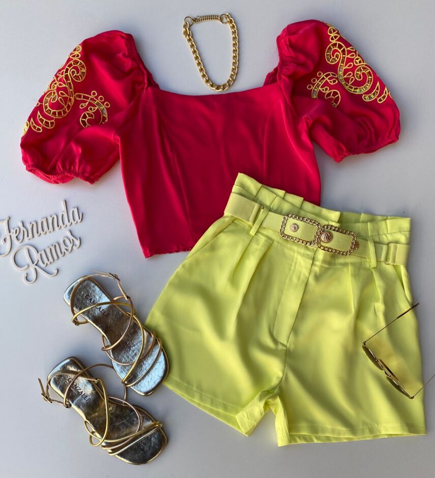 Cropped Feminino sem Bojo Pink Detalhe em Verde Lima - Fernanda Ramos Store