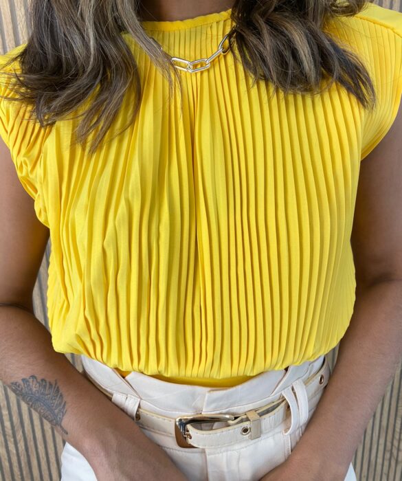 Cropped Feminino sem Bojo Plissado Amarelo - Fernanda Ramos Store