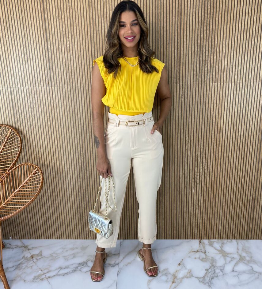 Cropped Feminino sem Bojo Plissado Amarelo - Fernanda Ramos Store