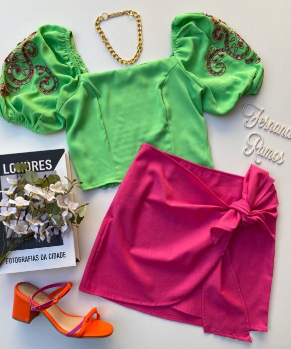 Cropped Feminino sem Bojo Verde Detalhe em Pink Fernanda Ramos Store