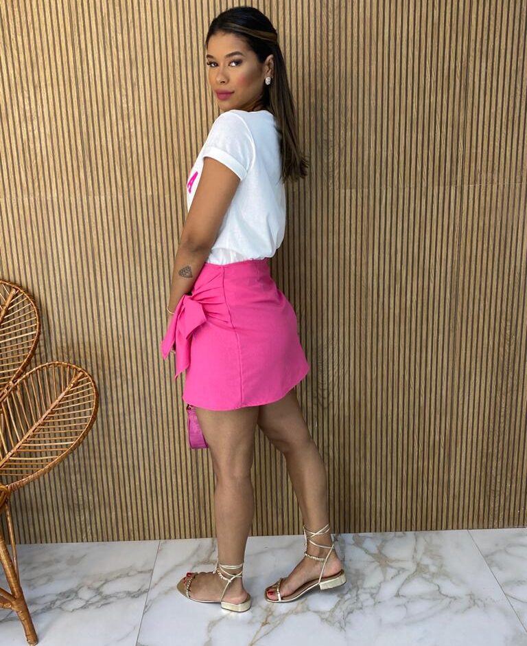 Saia Curta Feminina Viscolinho com Amarração Rosa - Fernanda Ramos Store