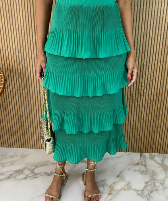 Saia Midi com Detalhe Plissado Verde - Fernanda Ramos Store