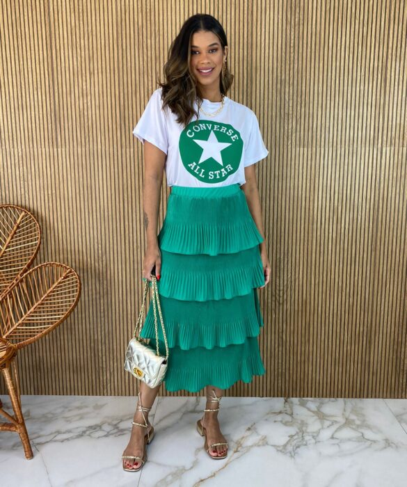 Saia Midi com Detalhe Plissado Verde - Fernanda Ramos Store