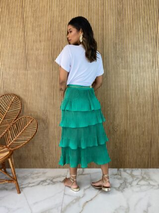 Saia Midi com Detalhe Plissado Verde - Fernanda Ramos Store