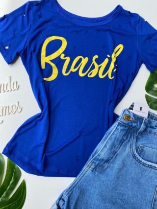 T-shirt Manga Curta com Estampa e Detalhes Vazados Azul - Fernanda Ramos Store