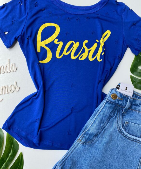 T-shirt Manga Curta com Estampa e Detalhes Vazados Azul - Fernanda Ramos Store