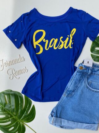 T-shirt Manga Curta com Estampa e Detalhes Vazados Azul - Fernanda Ramos Store