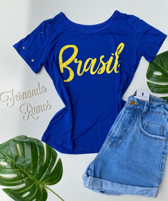 T-shirt Manga Curta com Estampa e Detalhes Vazados Azul - Fernanda Ramos Store