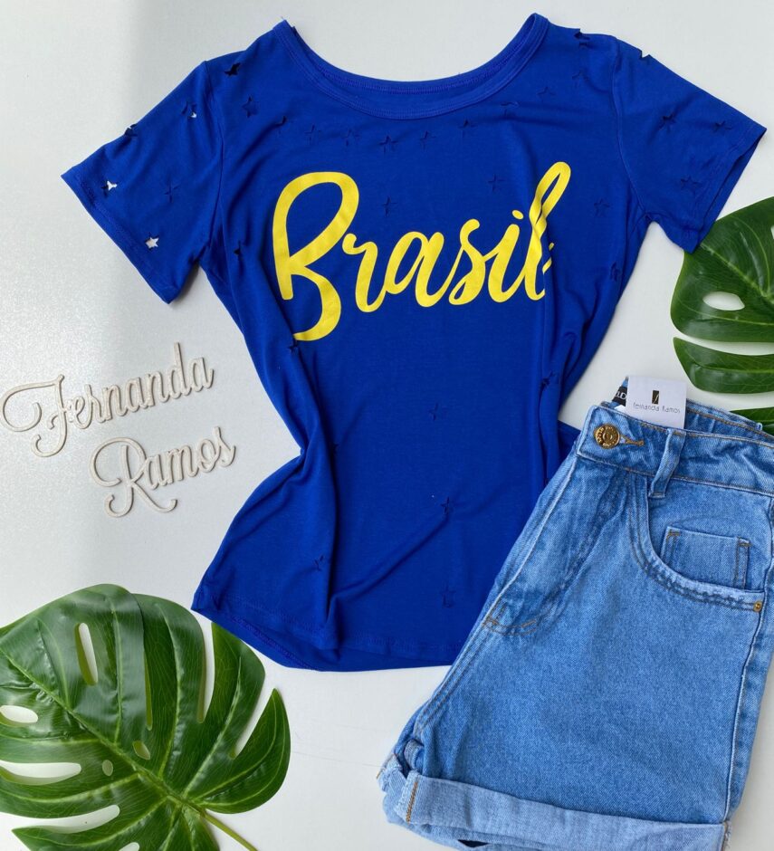 T-shirt Manga Curta com Estampa e Detalhes Vazados Azul - Fernanda Ramos Store